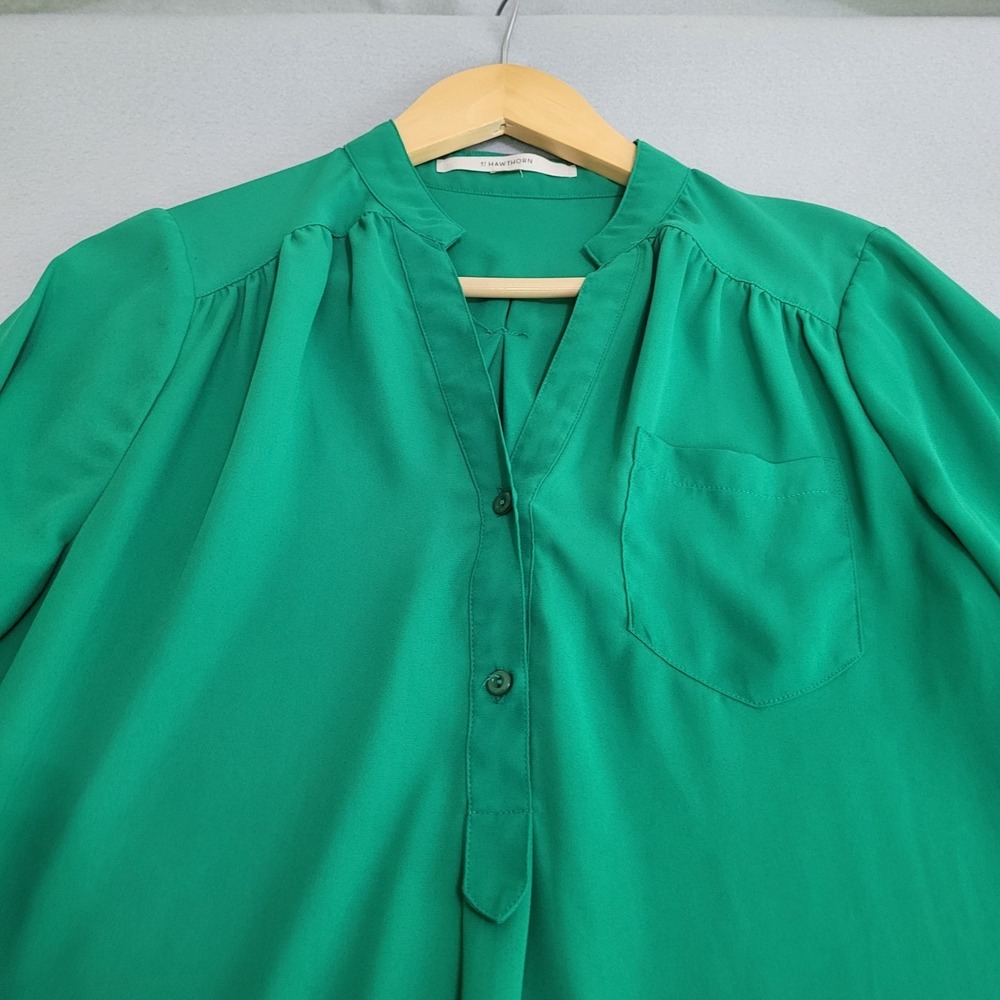 41 Hawthorne Green Roll Tab Sleeve Sheer Lightweight Blouse Shirt Women's - Picture 2 of 13